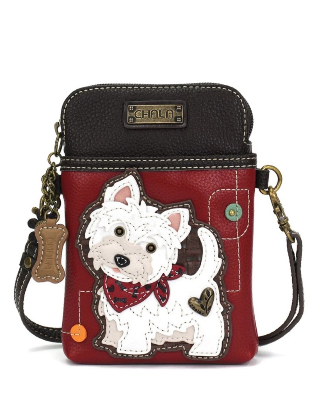 Chala NWT Crossbody Phone Pouch/wallet, White Westie, charms, 7x5